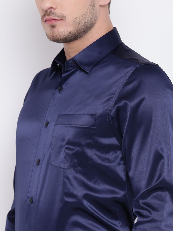 Buy Blackberrys Men Navy Blue Satin Finish Slim Fit Solid Party