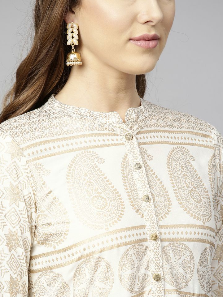 Varanga Women Off White Golden Printed Anarkali Kurta