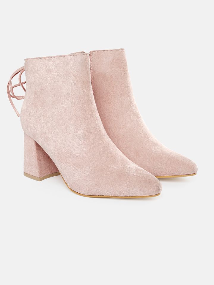Buy DressBerry Women Peach Coloured Solid Mid Top Heeled Boots