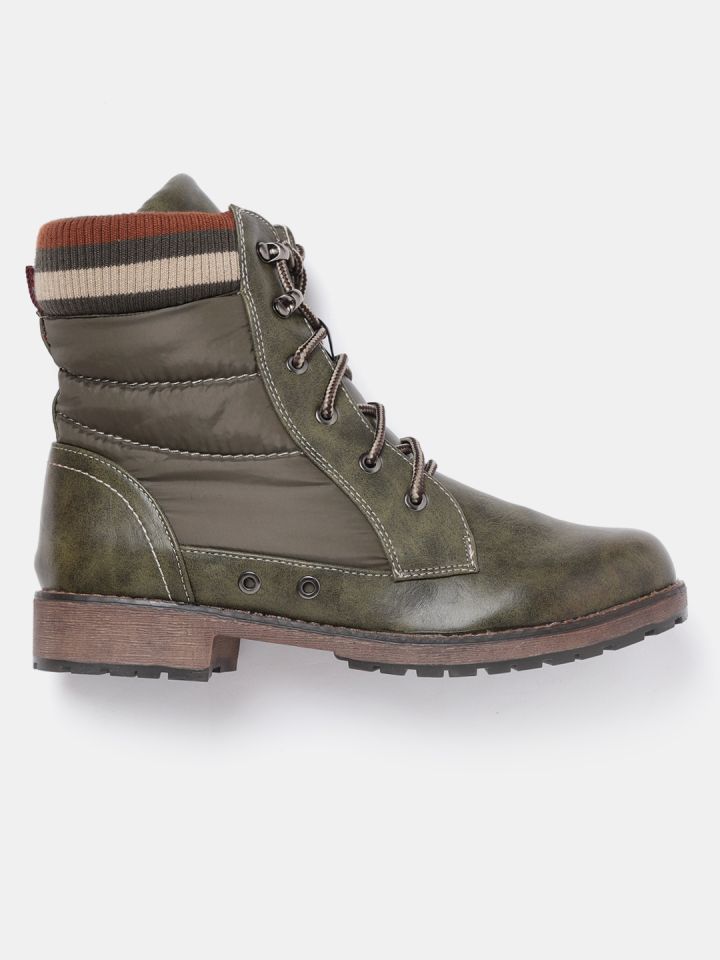 Roadster Women Olive Green Solid Mid Top Flat Boots