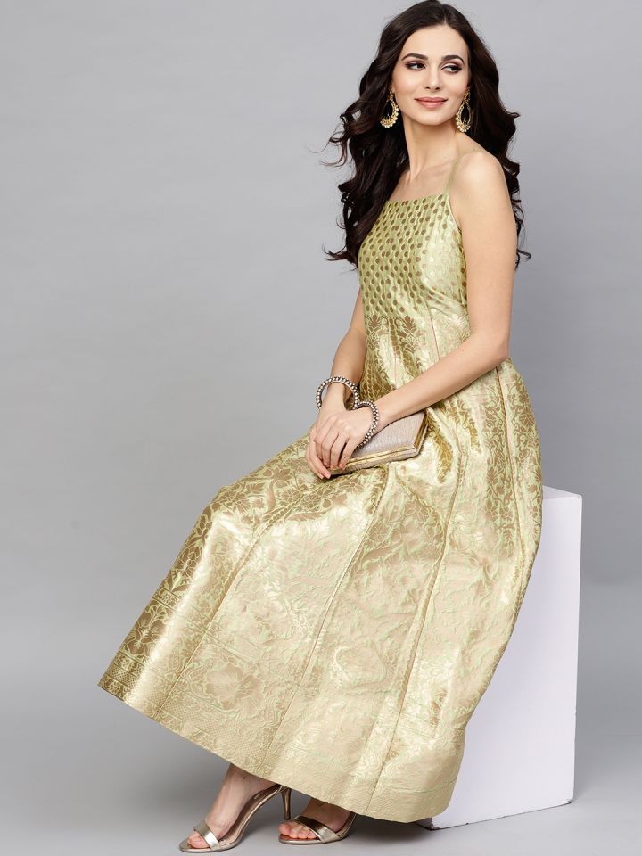 Buy Aks Women Sea Green Golden Silk Brocade Pattern Maxi Dress Dresses For Women Myntra Buy Aks Women Sea Green Golden Silk Brocade Pattern Maxi Dress Dresses For Women Myntra