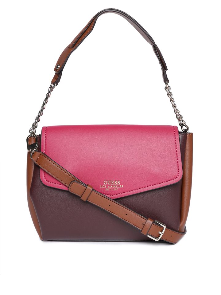 GUESS Burgundy Pink Colourblocked Shoulder Bag with Detachable Sling Strap