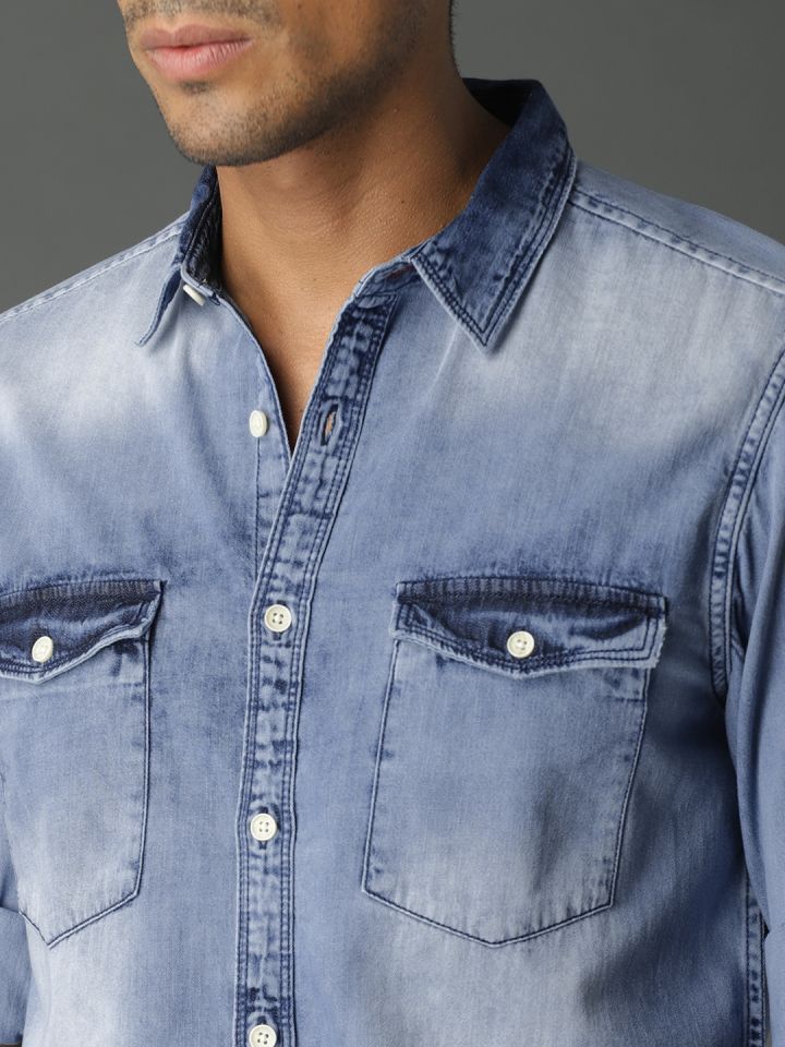 Buy Roadster Men Blue Regular Fit Ice Wash Denim Shirt Shirts For Men 8218017 Myntra