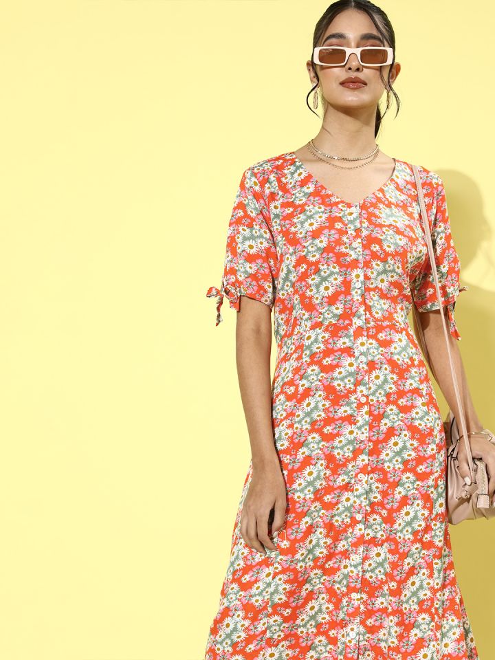 Orange floral midi dress store