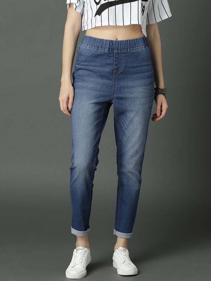 Waist Faded Denim Jeggings - Jeggings 
