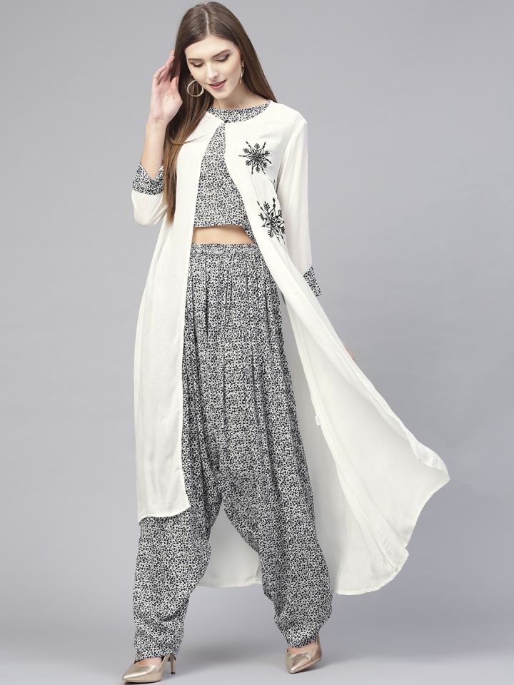 Pannkh Women White Navy Blue Printed Top Dhoti Pants with Ethnic Jacket