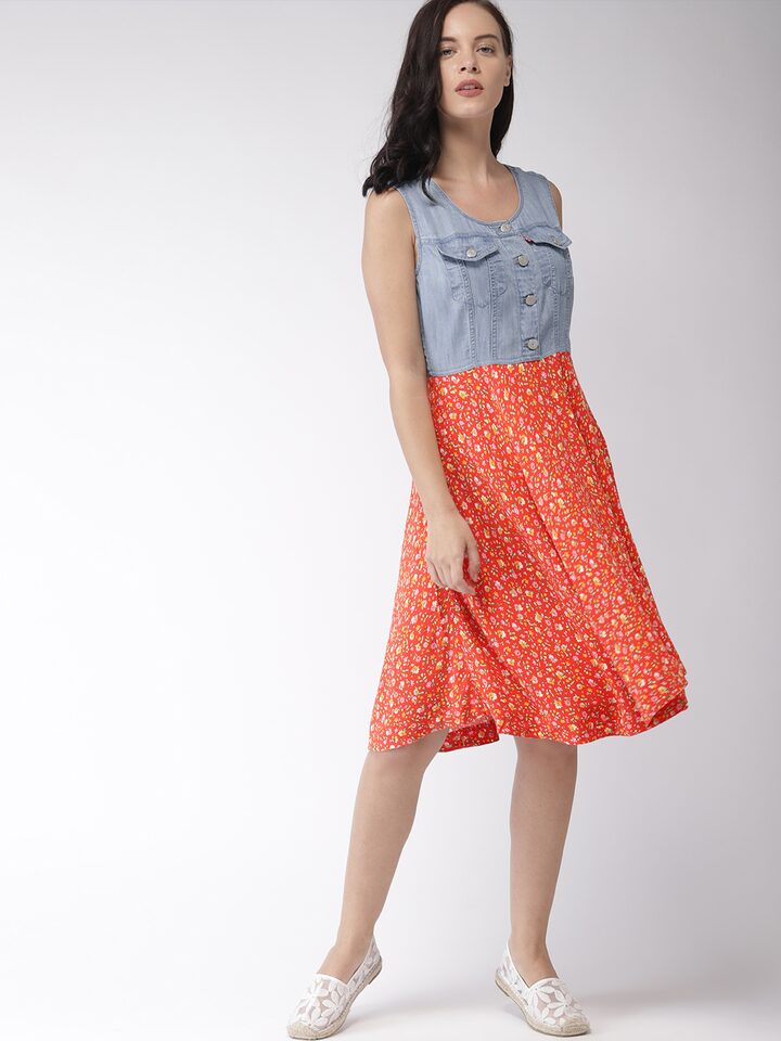 Levis Women Orange Printed A-Line Dress With Chambray Detail At The Top