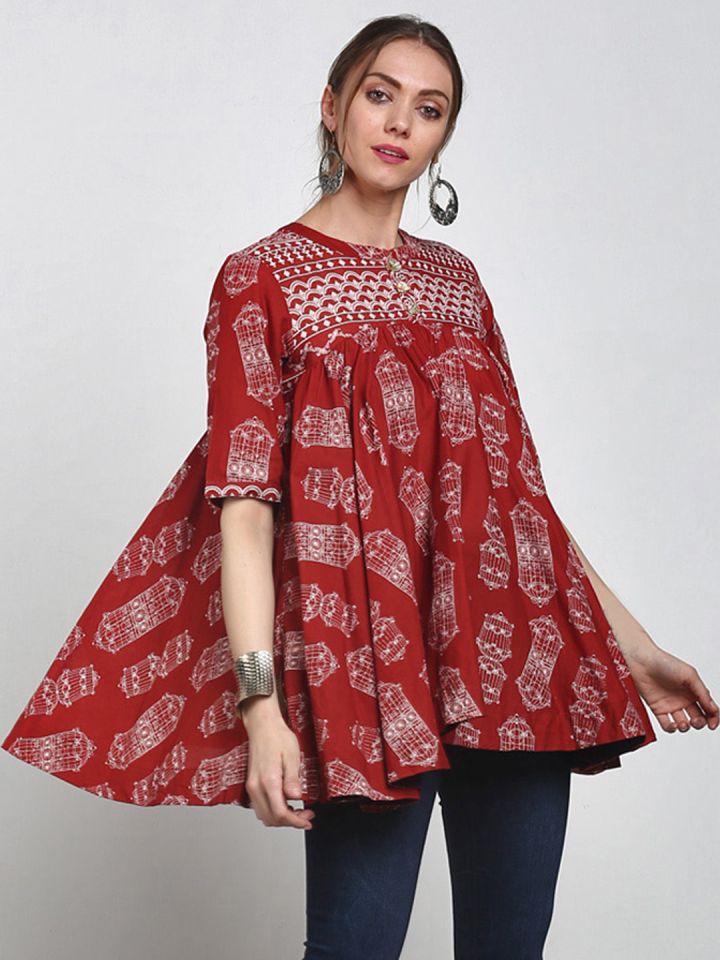 Sangria Rust Red Ethnic Motifs Flared A Line Pure Cotton Top