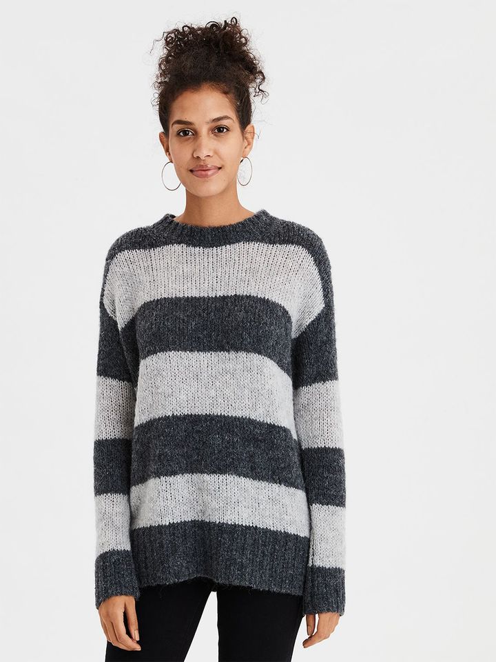 Women Grey Striped Pullover - Sweaters 