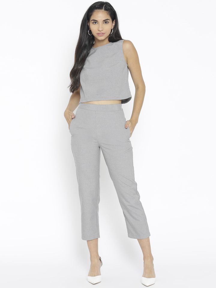 Buy Women Grey Solid Crop Top With Trousers Co Ords for Women | Myntra