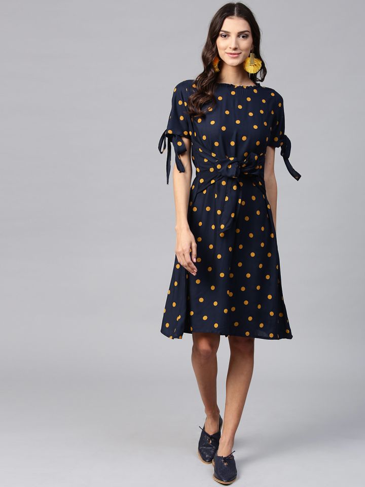 Ives Women Navy Blue Mustard Yellow Polka Dot Print Fit Flare Dress