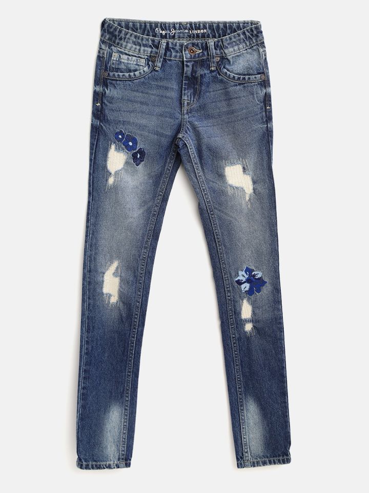 Pepe Jeans Girls Blue Skinny Fit Mid Rise Mildly Distressed Embroidered Jeans
