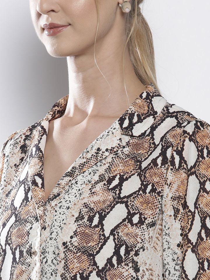 DOROTHY PERKINS Women Petite Off White Beige Snake Skin Print Casual Shirt