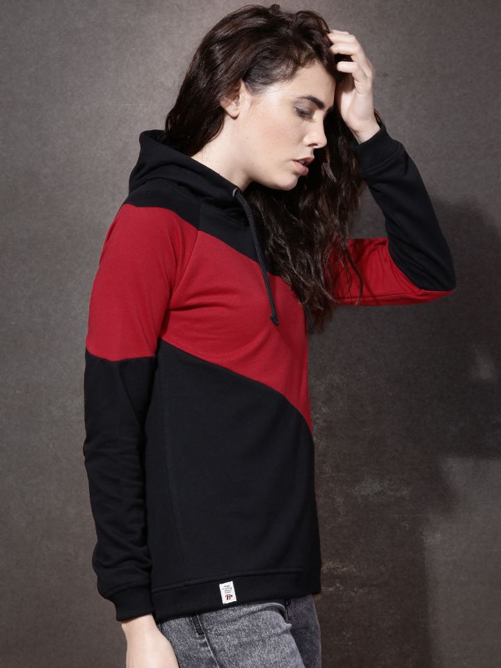 Roadster Black Red Colour Block Hooded Sweatshirt