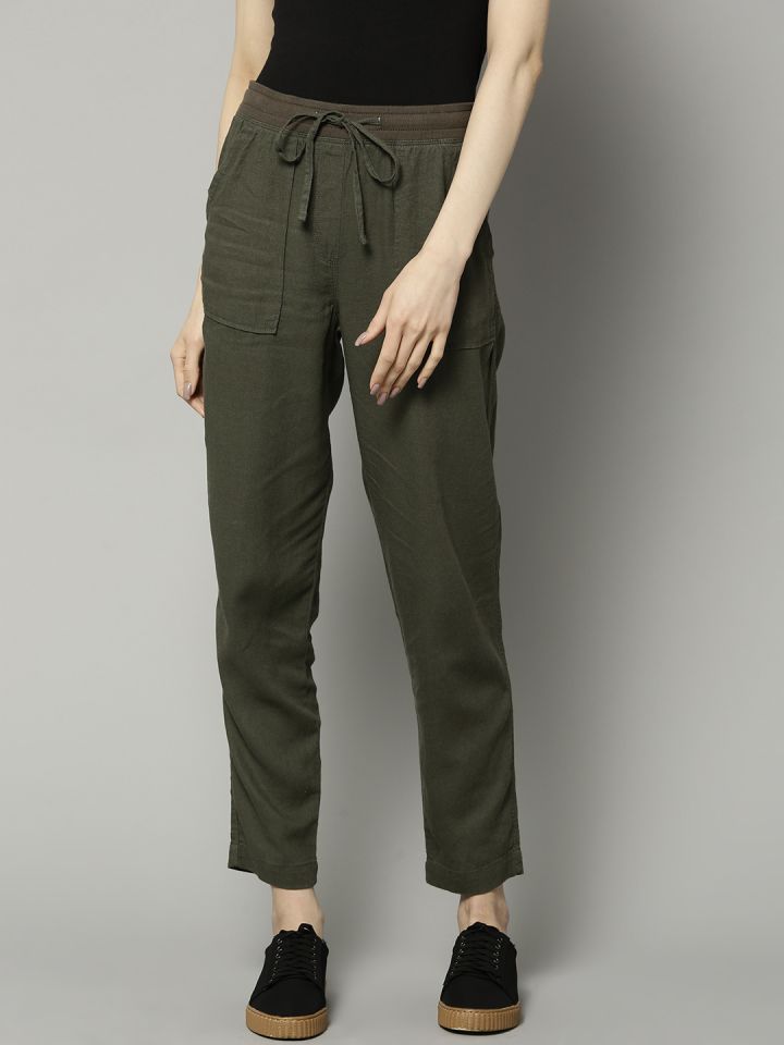 Marks & Spencer Women Olive Green Regular Fit Solid Peg Trousers