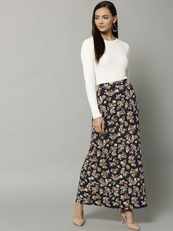 Marks Spencer Women Navy Blue White Printed Maxi Skirt