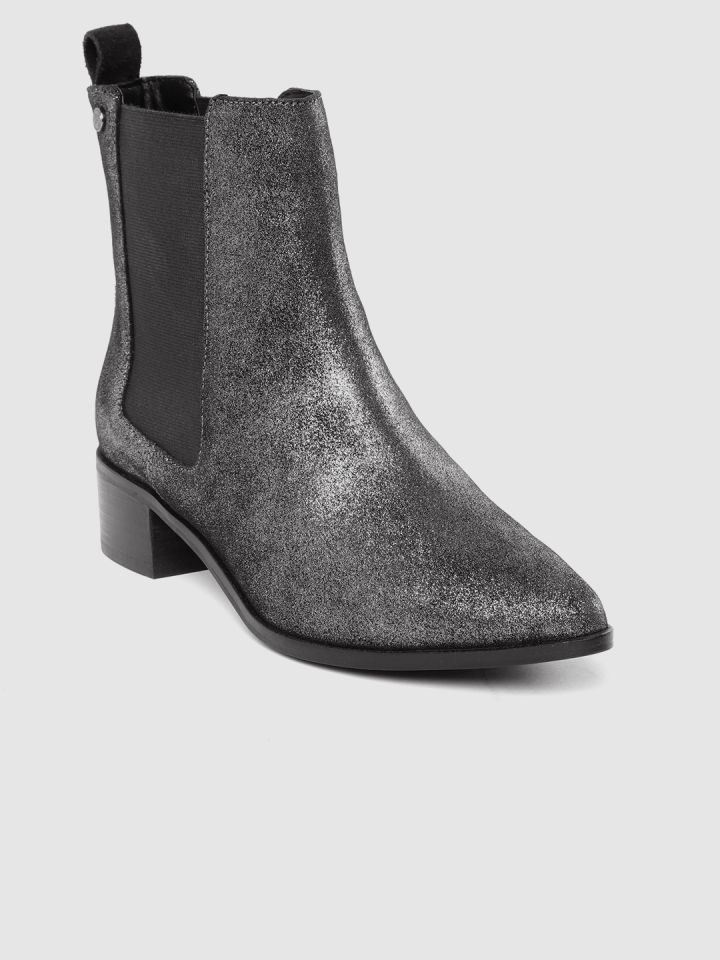 Buy Superdry Women Gunmetal Toned Shimmer Leather Mid Top Chelsea