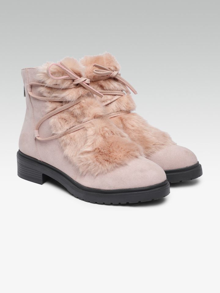 Buy FOREVER 21 Women Nude Coloured Solid Suede Mid Top Flat Boots