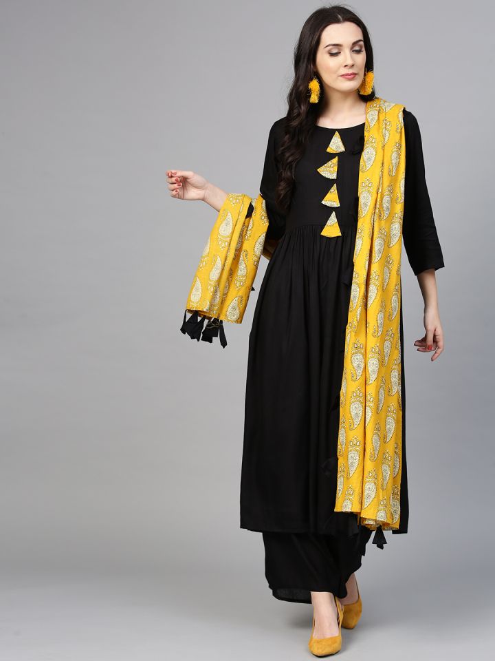 black suit with yellow dupatta