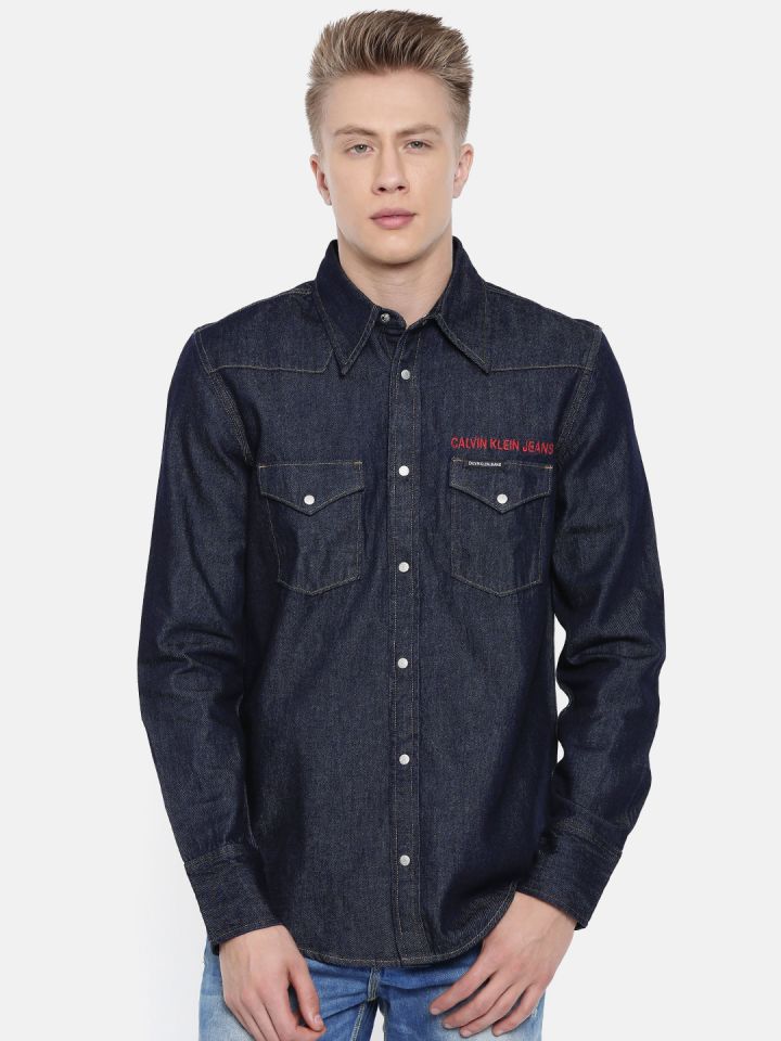 Buy Calvin Klein Jeans Men Blue Regular Fit Solid Casual Denim Shirt -  Shirts for Men 8516787 | Myntra