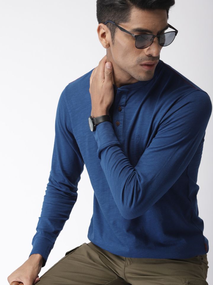 Buy Indian Terrain Men Blue Solid Henley Neck T Shirt Tshirts