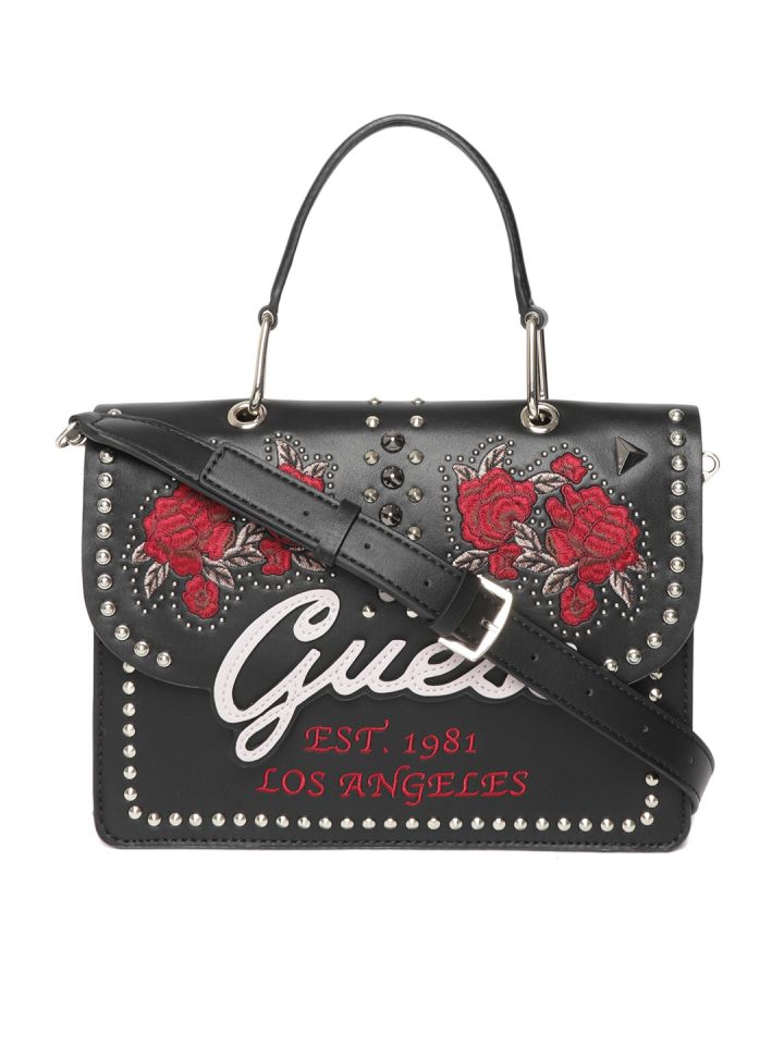 GUESS Black Red Embroidered Satchel Bag