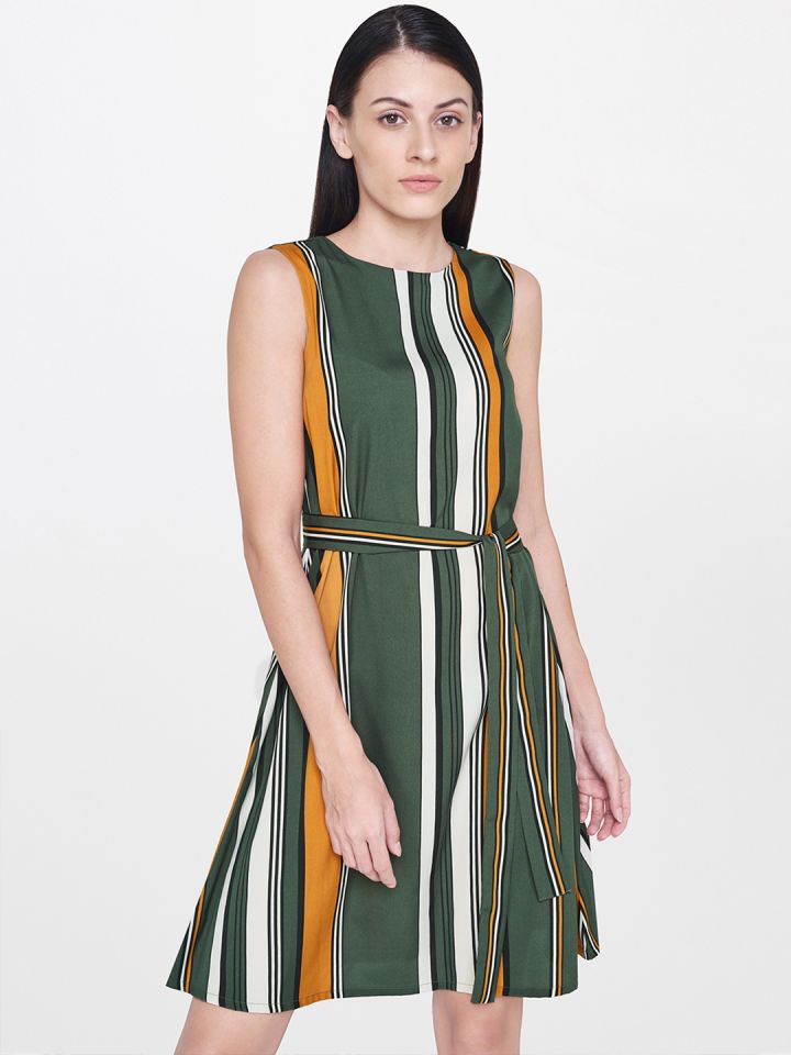 Olive green top striped dress