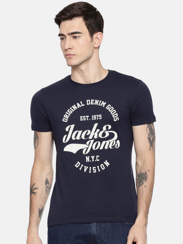 Buy Jones Men Navy Blue Printed Pure Cotton T Shirt - Tshirts Men 8605603 | Myntra