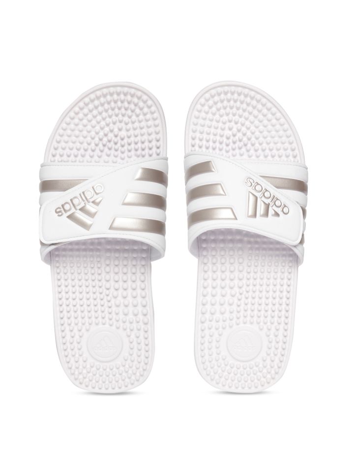 ADIDAS Unisex White Silver Toned ADISSAGE Striped Sliders