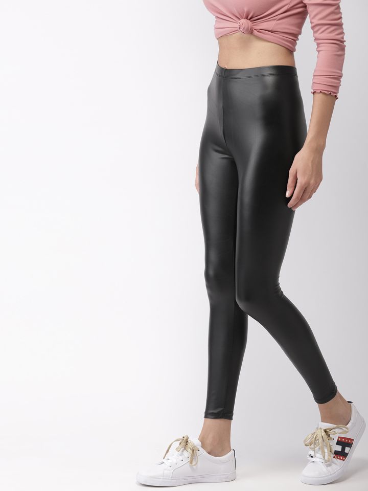 FOREVER 21 Women Black Solid High-Rise Ankle-Length Faux Leather Leggings