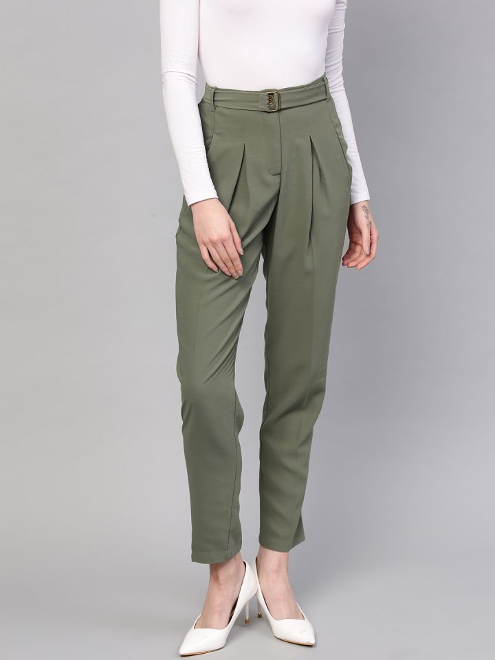 Buy SASSAFRAS Women Olive Green Peg Trousers - Trousers for Women 8643285