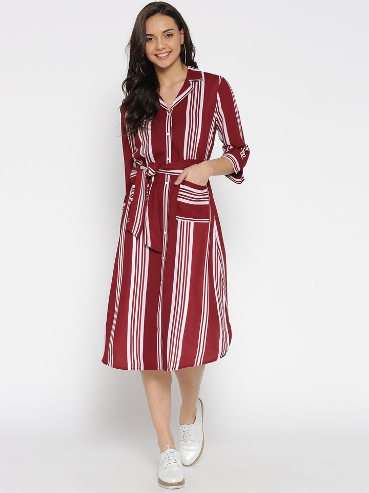 Buy StalkBuyLove Women Maroon White Striped Shirt Dress