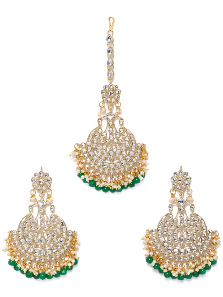 Buy Zaveri Pearls Gold Toned Green Set Of Earrings Maangtikka