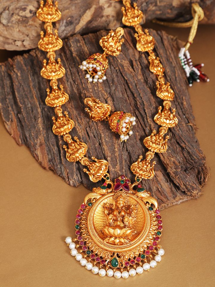 damani Gold Toned Magenta Stone Studded Temple Jewellery Set