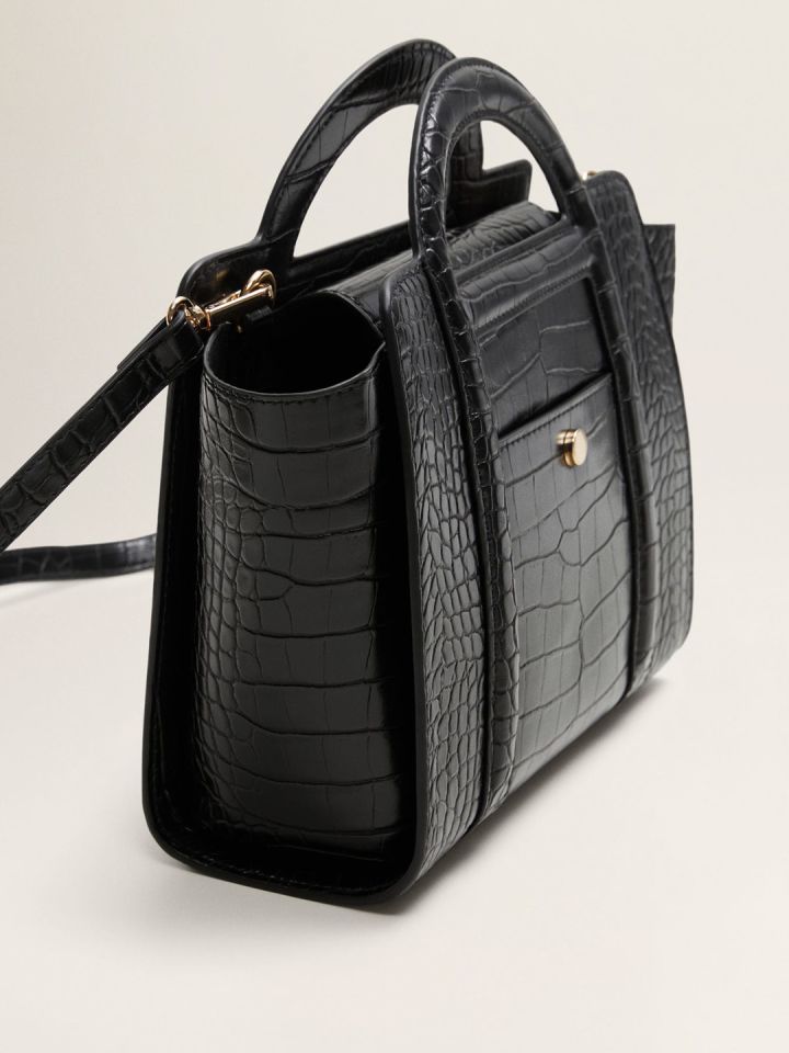 MANGO Black Croc Textured Handheld Bag with Detachable Sling Strap