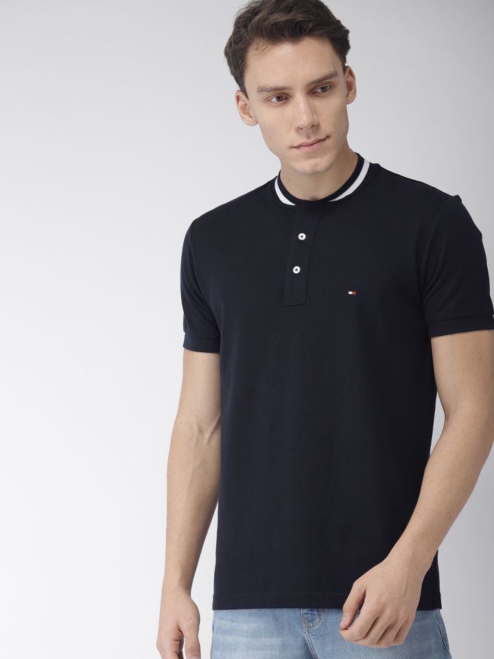 Buy Tommy Hilfiger Men Navy Blue Solid Mandarin Collar Pure