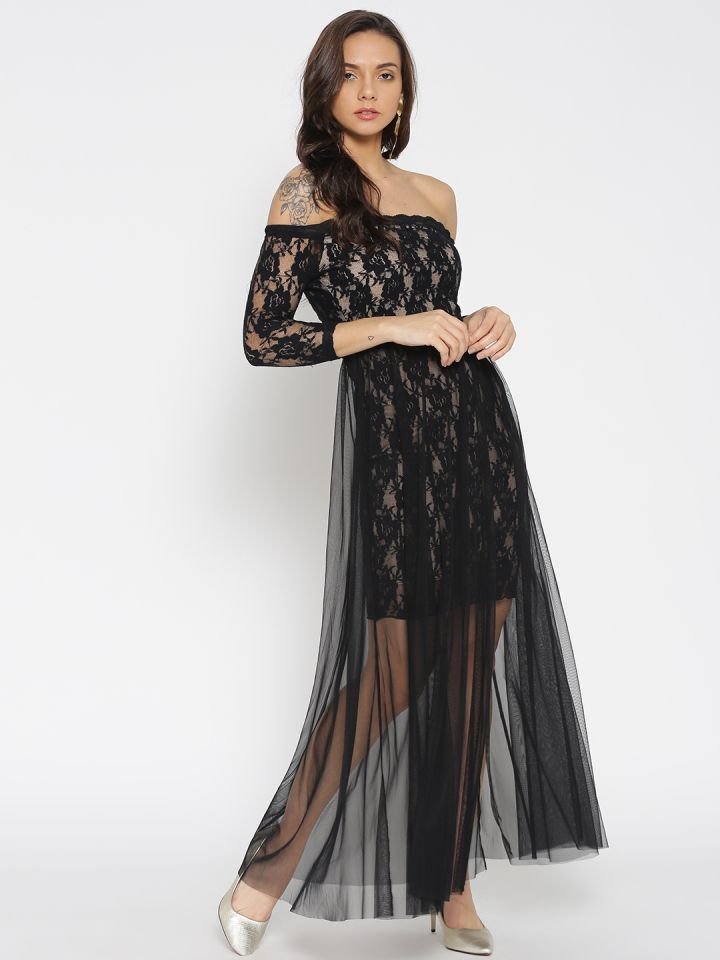StalkBuyLove Women Black Lace Maxi Dress