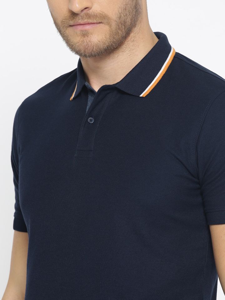 Peter England Casuals Men Navy Blue Solid Polo Collar T shirt