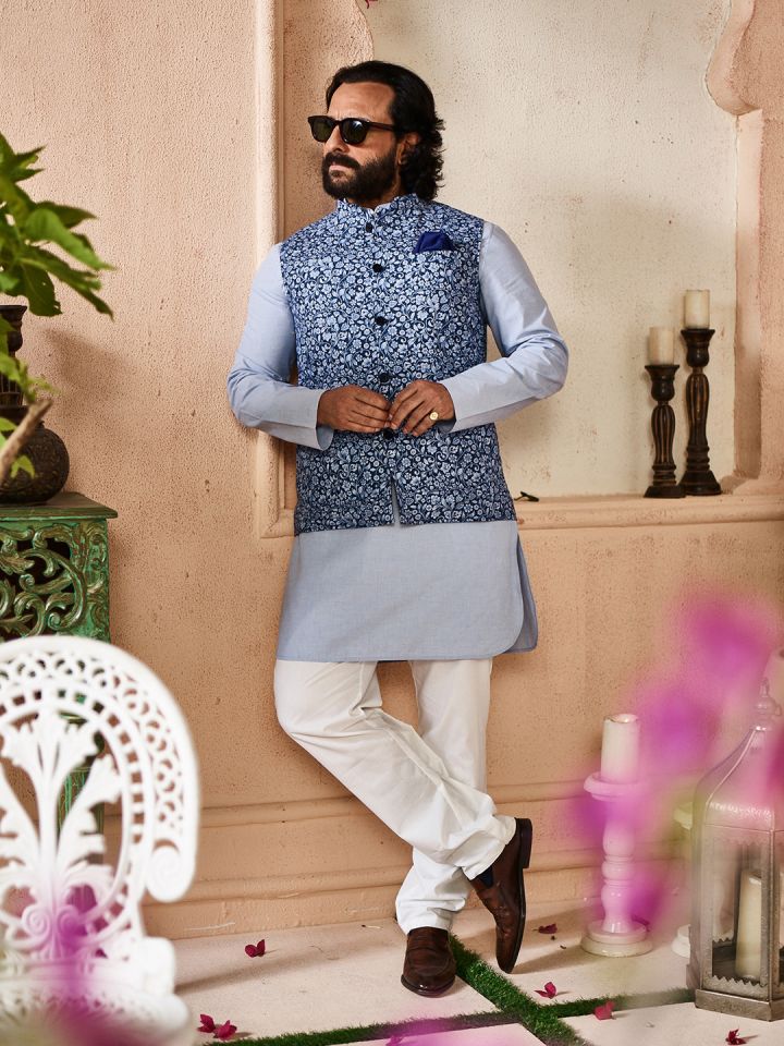 House of Pataudi Men Blue White Printed Reversible Nehru Jacket