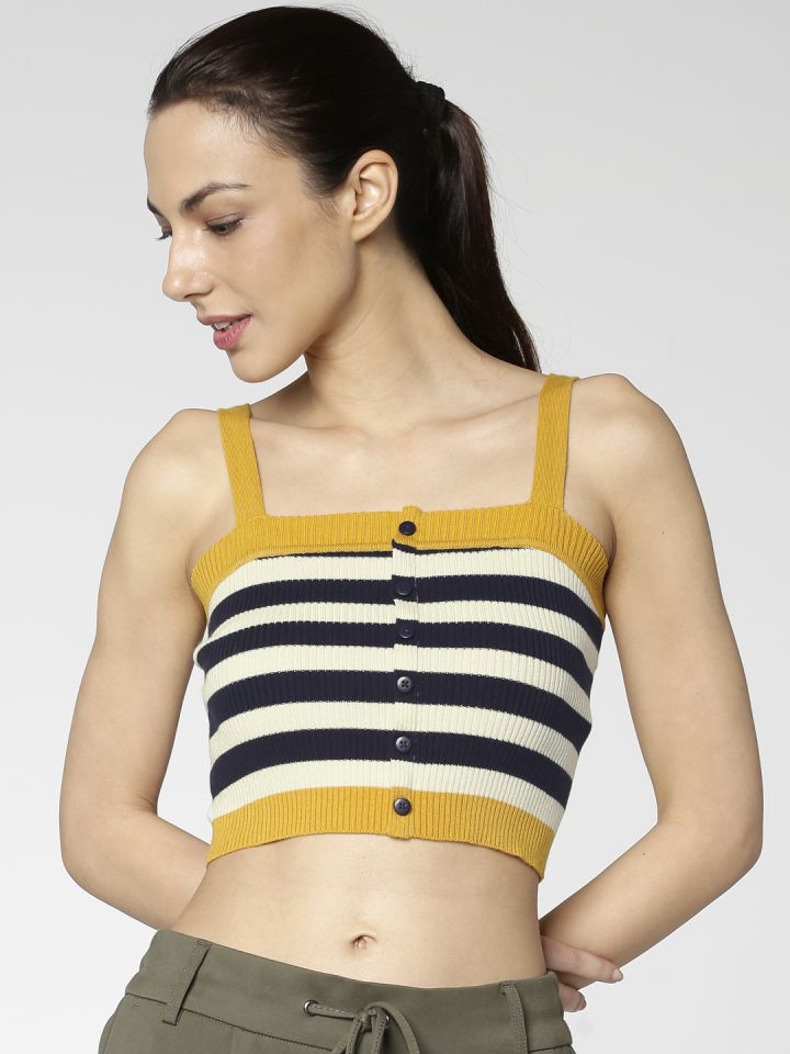 Black and yellow striped crop top deals