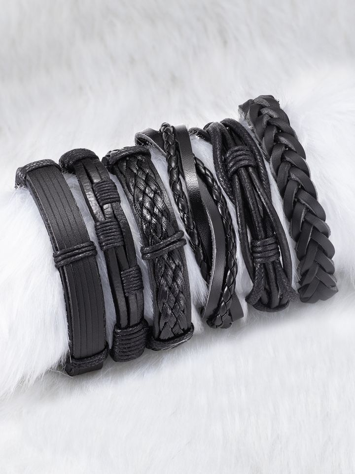 Buy Peora Men Black Pack Of 6 Leather Multistrand Bracelet