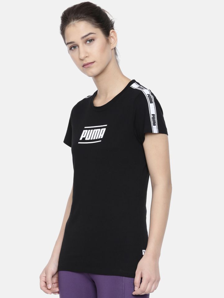 Puma Women Black Printed Round Neck Camo Pack Tape Pure Cotton T shirt
