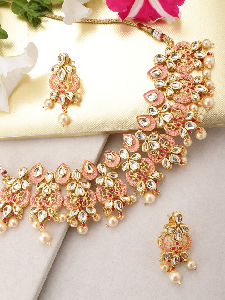Melani Borsa Peach Coloured Gold Plated Kundan Studded Enamelled Handcrafted Jewellery Set