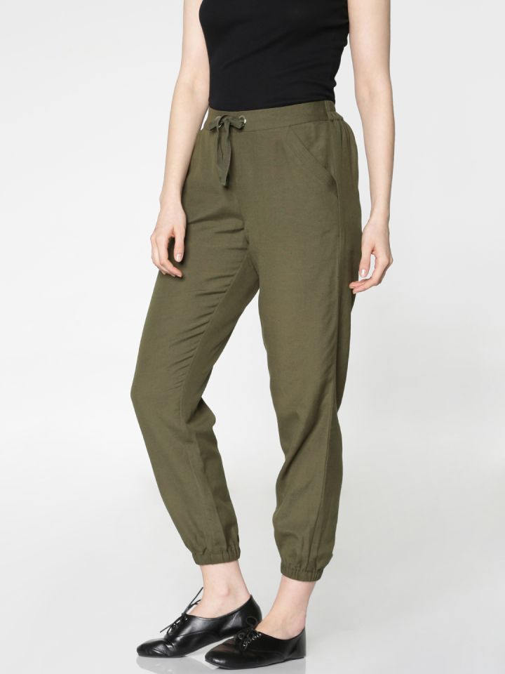 Buy ONLY Women Olive Green Loose Fit Solid Cropped Joggers - Trousers for  Women 8792421