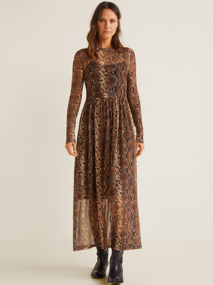 MANGO Women Brown Black Snake Printed Maxi Dress