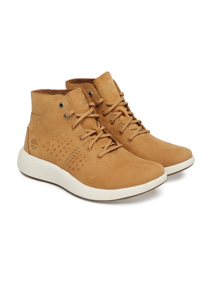 Timberland Men Tan Brown Leather FLYROAM CHILL Nubuck Mid Top Flat Boots
