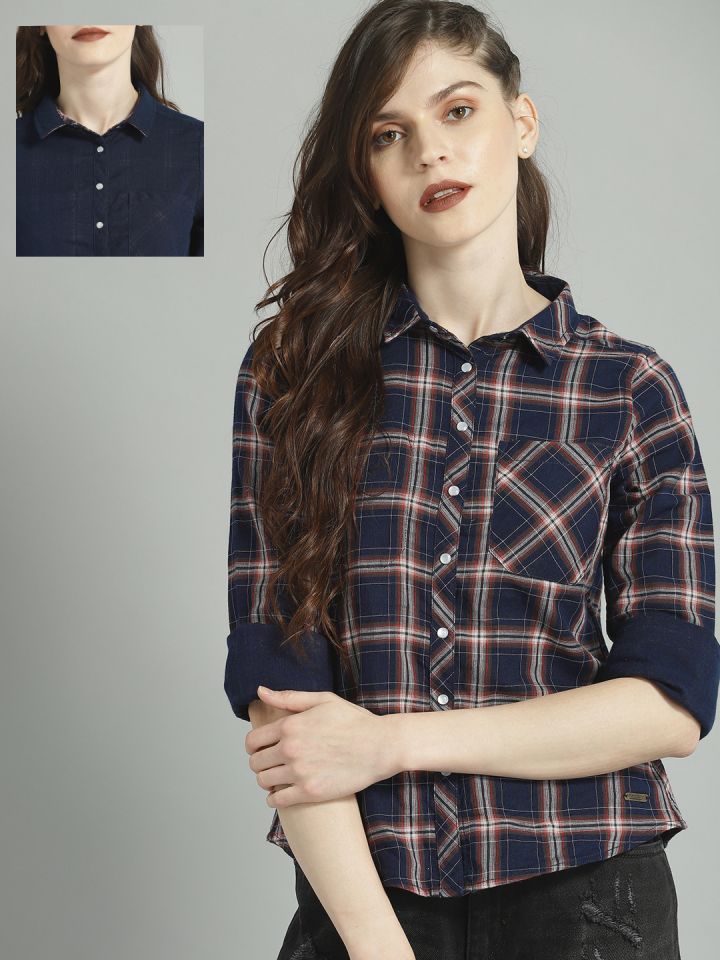 Buy Roadster Women Navy Blue Red Regular Fit Checked