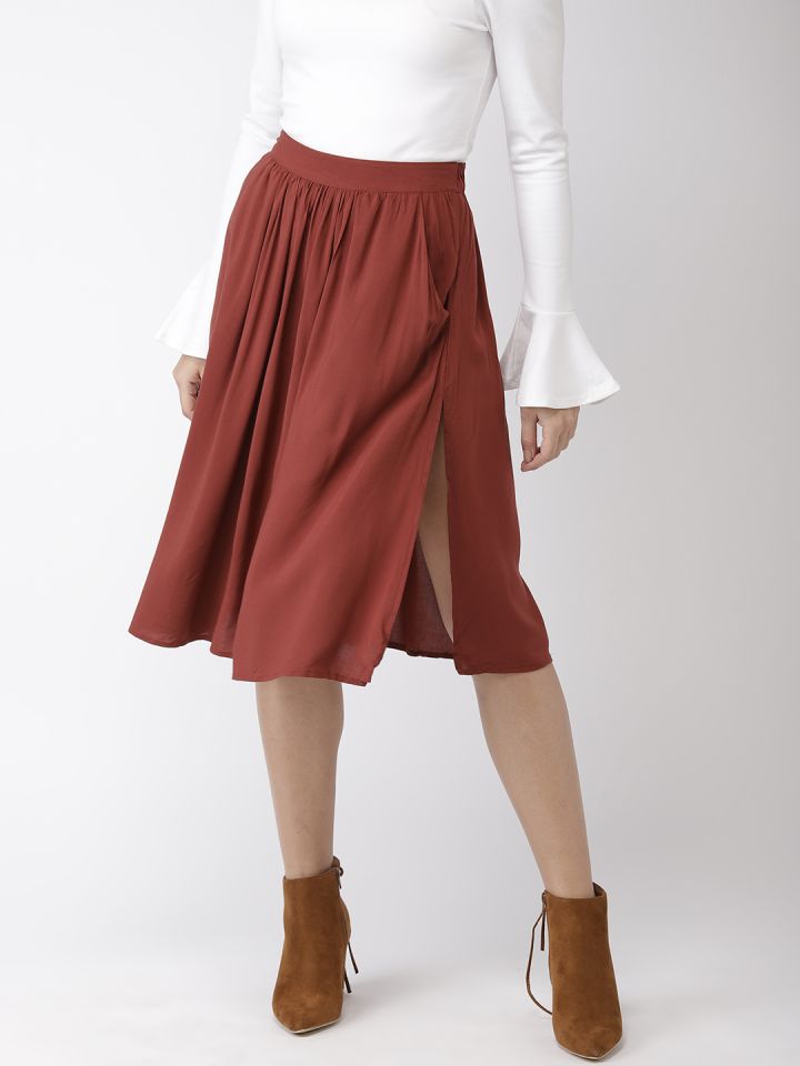 FOREVER 21 Women Brown Solid Knee Length A Line Skirt