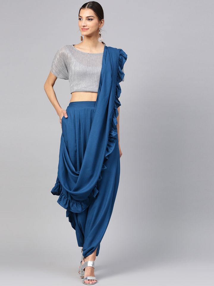 Inddus Navy Blue Solid Ready to Wear Dhoti Saree