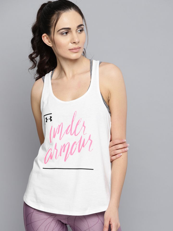 Buy UNDER ARMOUR Women White Graphic Script Crossback Printed Tank Top -  Tops for Women 8901789 | Myntra